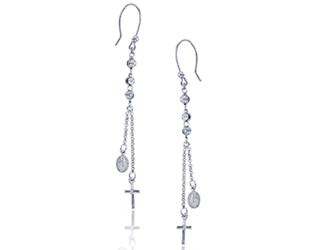 Sterling Silver Rhodium Virgrin Mary Cross Dangling Earring