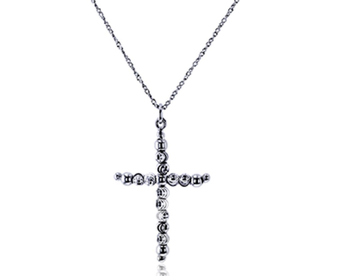 Sterling Silver Rhodium Cross Diamond Cut 18" Rollo Necklace