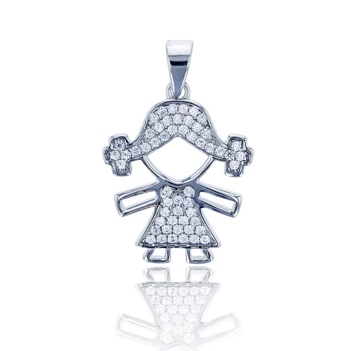 Sterling Silver Rhodium Micropave Girl Dangling Pendant