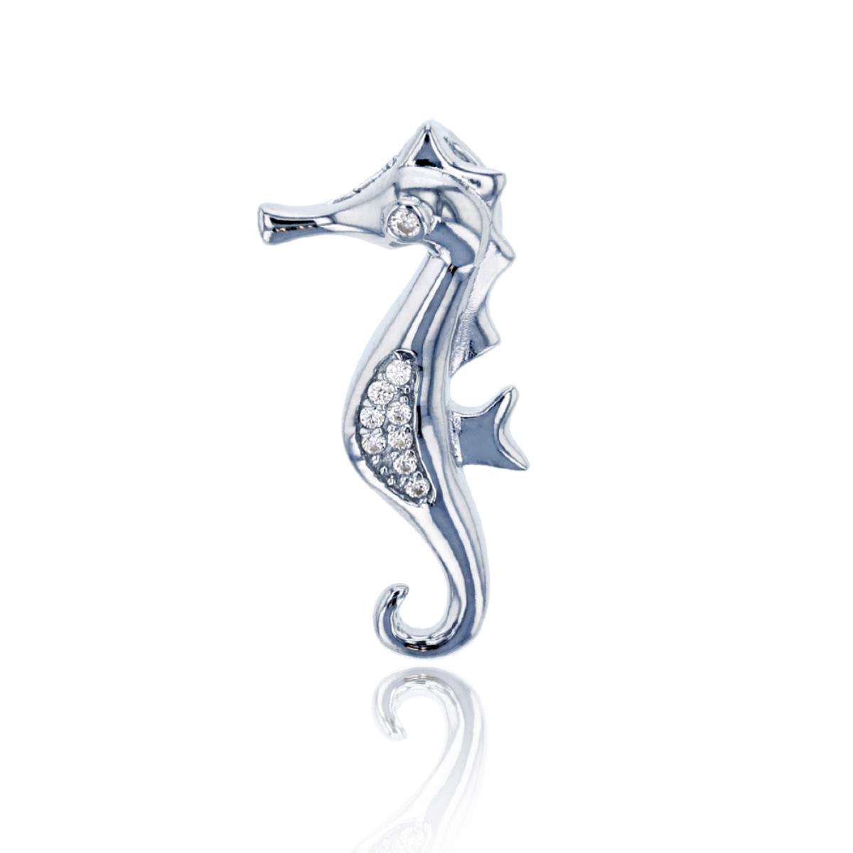 Sterling Silver Rhodium Pave Round CZ Seahorse Dangling Pendant