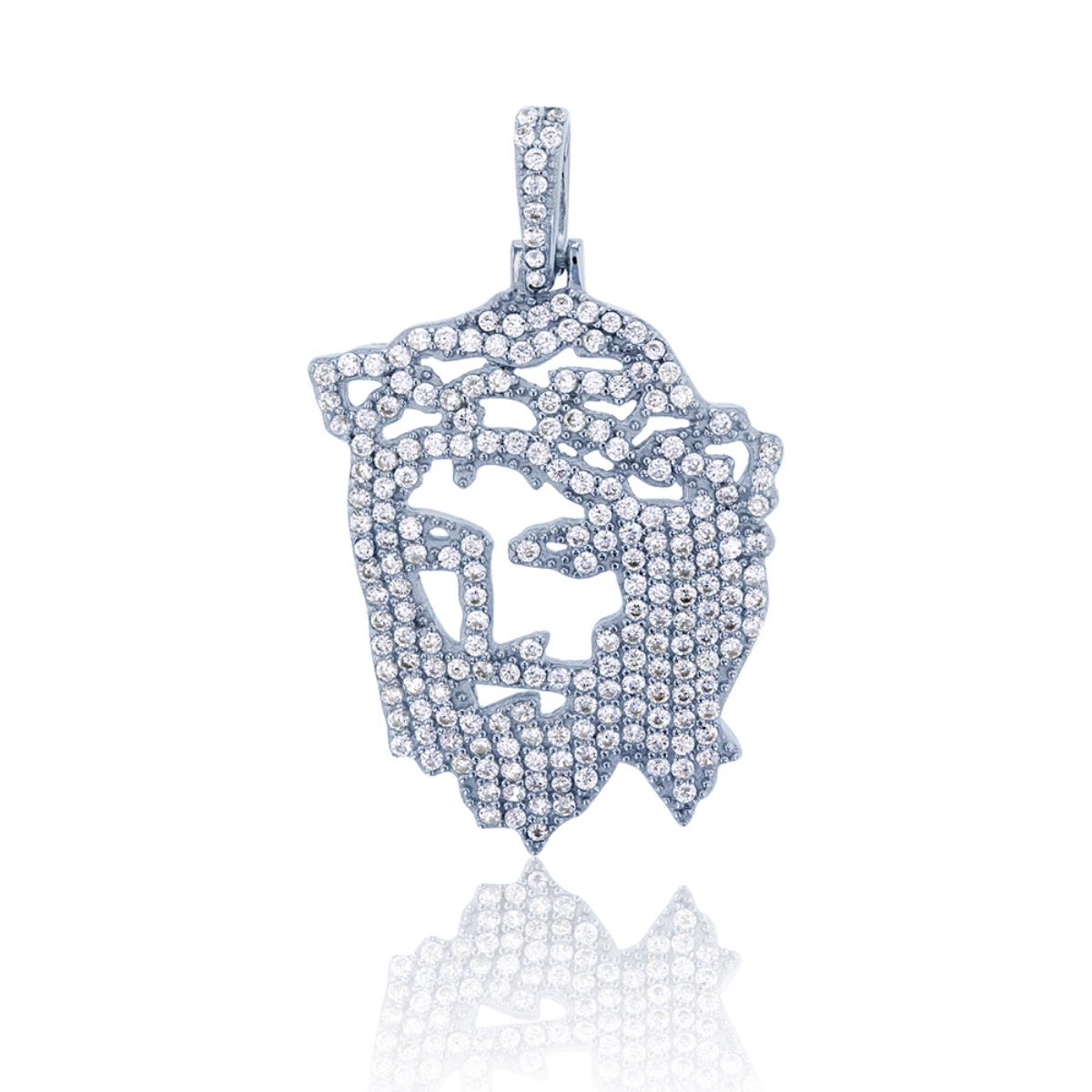 Sterling Silver Rhodium Micropave Jesus Head Dangling Pendant