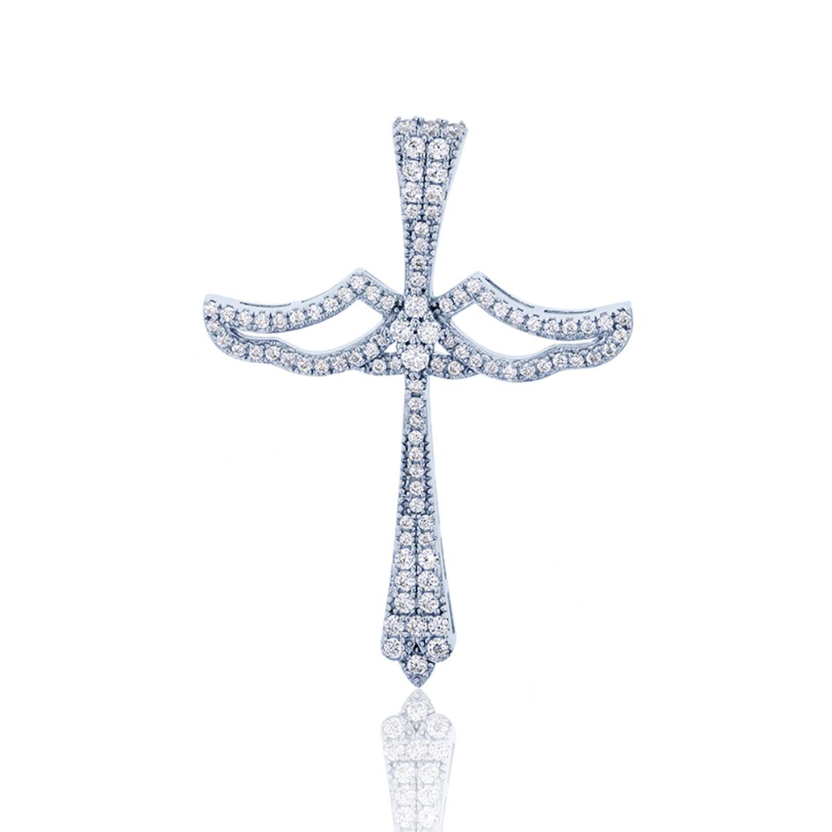 Sterling Silver Rhodium Pave Cross With Wings Dangling Pendant