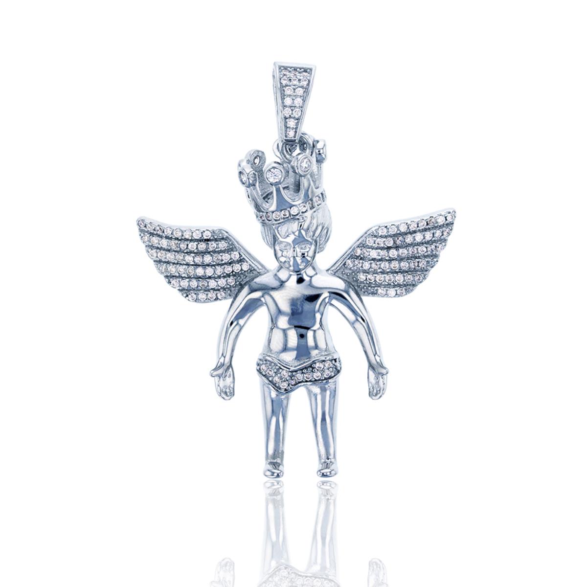 Sterling Silver Rhodium Round CZ Angel With Crown Dangling Pendant