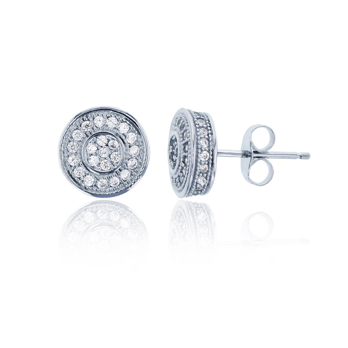 Sterling Silver Rhodium Halo Micropave Round CZ Stud Earring