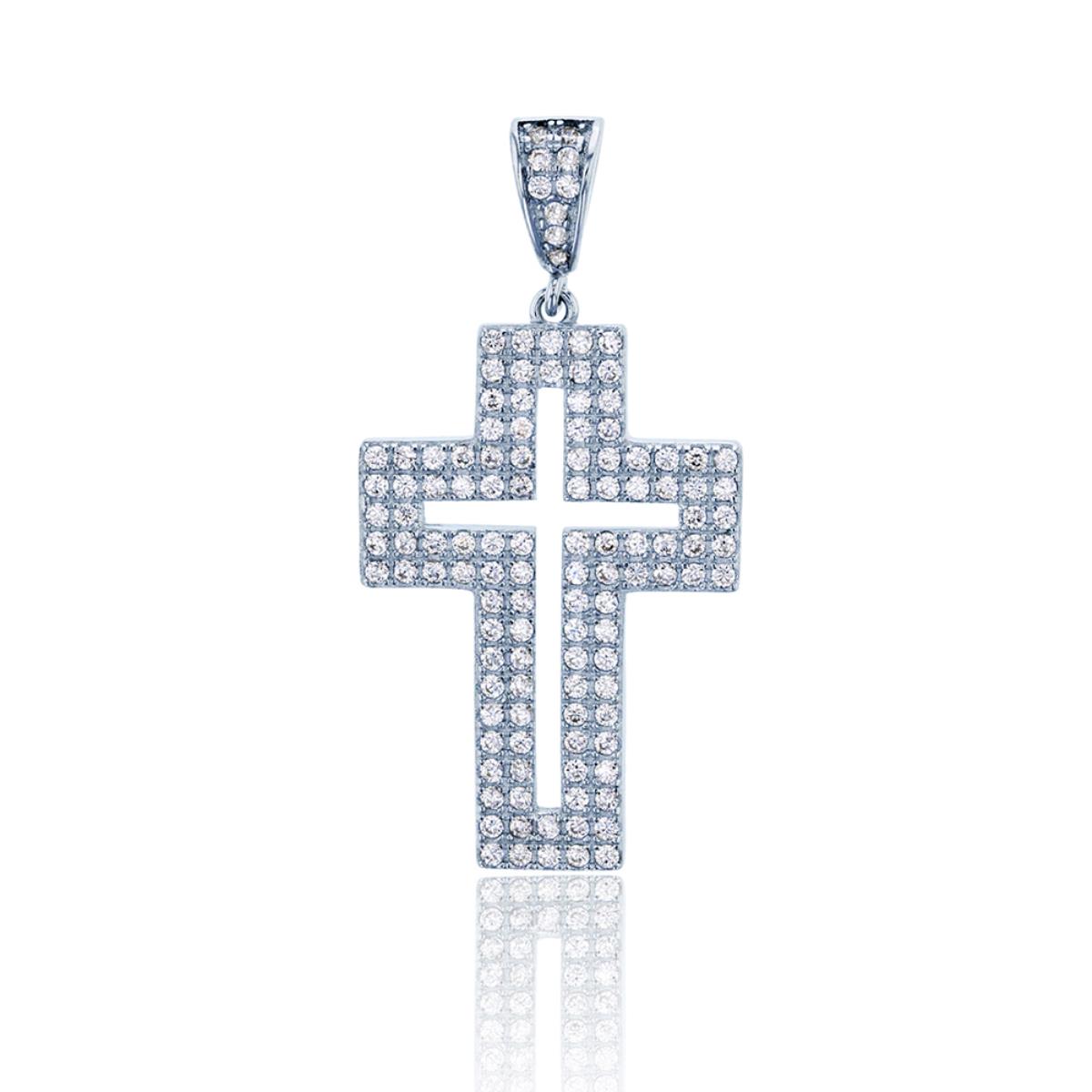 Sterling Silver Rhodium Micropave Open Cross Dangling Pendant
