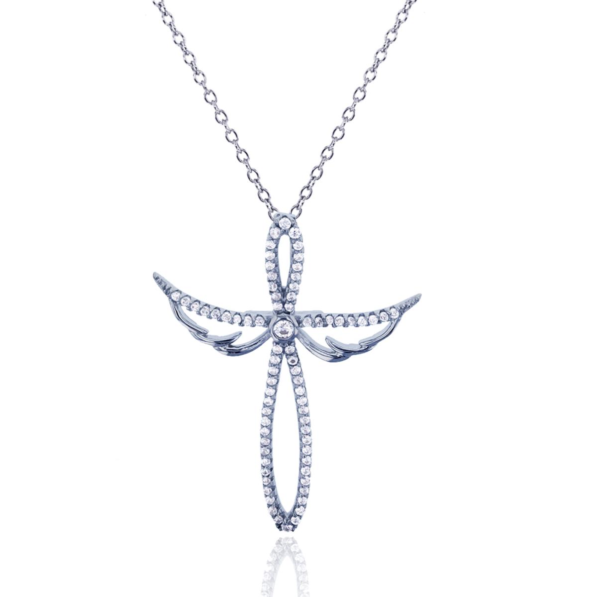 Sterling Silver Rhodium Micropave Open Cross With Wings Dangling Pendant