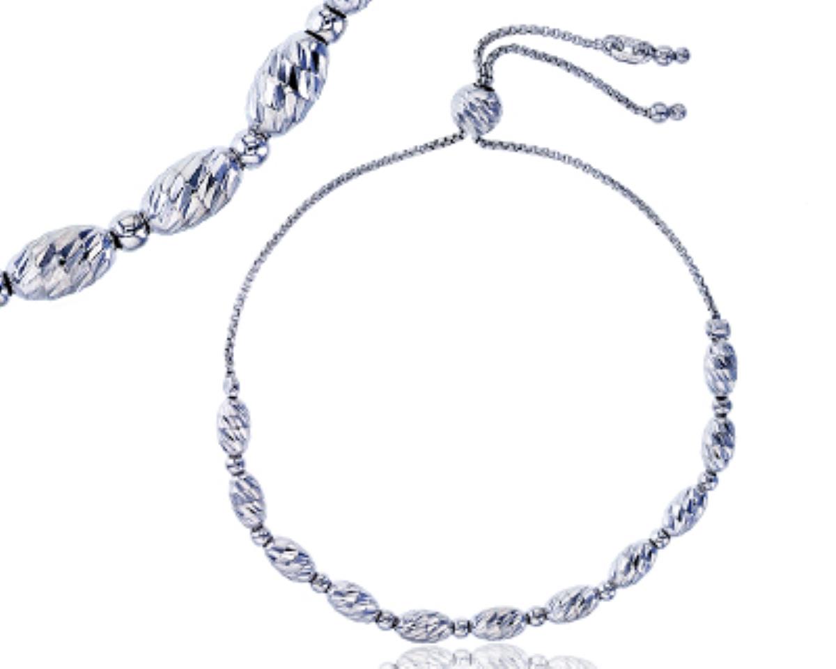 Sterling Silver Rhodium High Polished Diamond Cut Oval Beaded Adjustable Bracelet