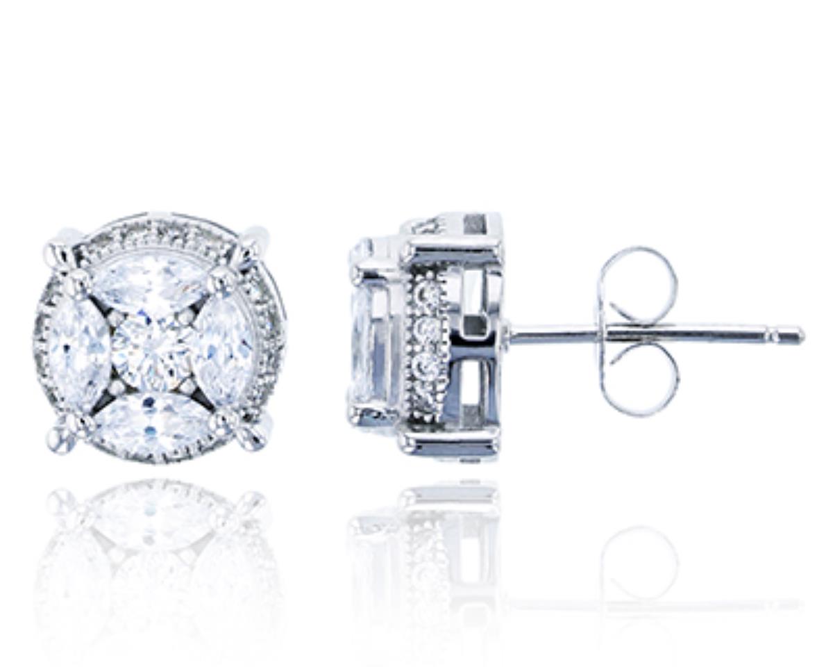 Sterling Silver Rhodium Round & Marquise CZ Stud Earring