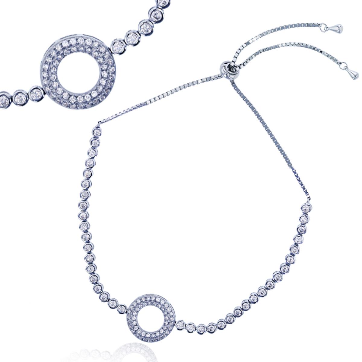 Sterling Silver Rhodium Round CZ Open Circle Adjustable Bracelet