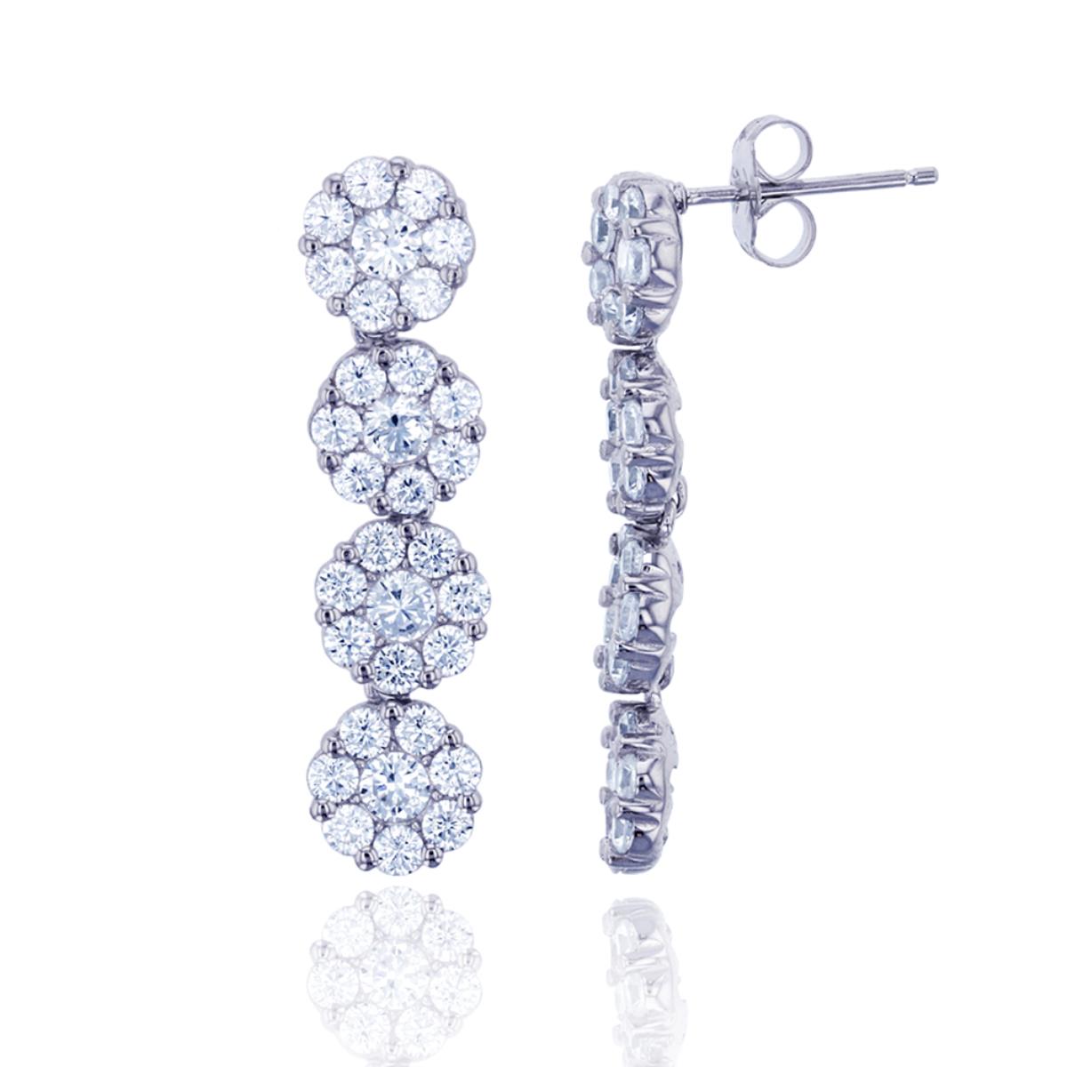 Sterling Silver Rhodium Round CZ Linear Cluster Dangling Earring