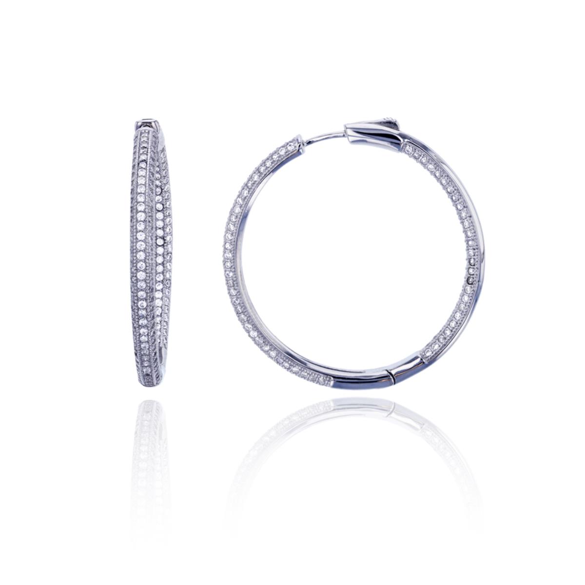 Sterling Silver Rhodium 4x40mm Micropave Round CZ Hoop Earring