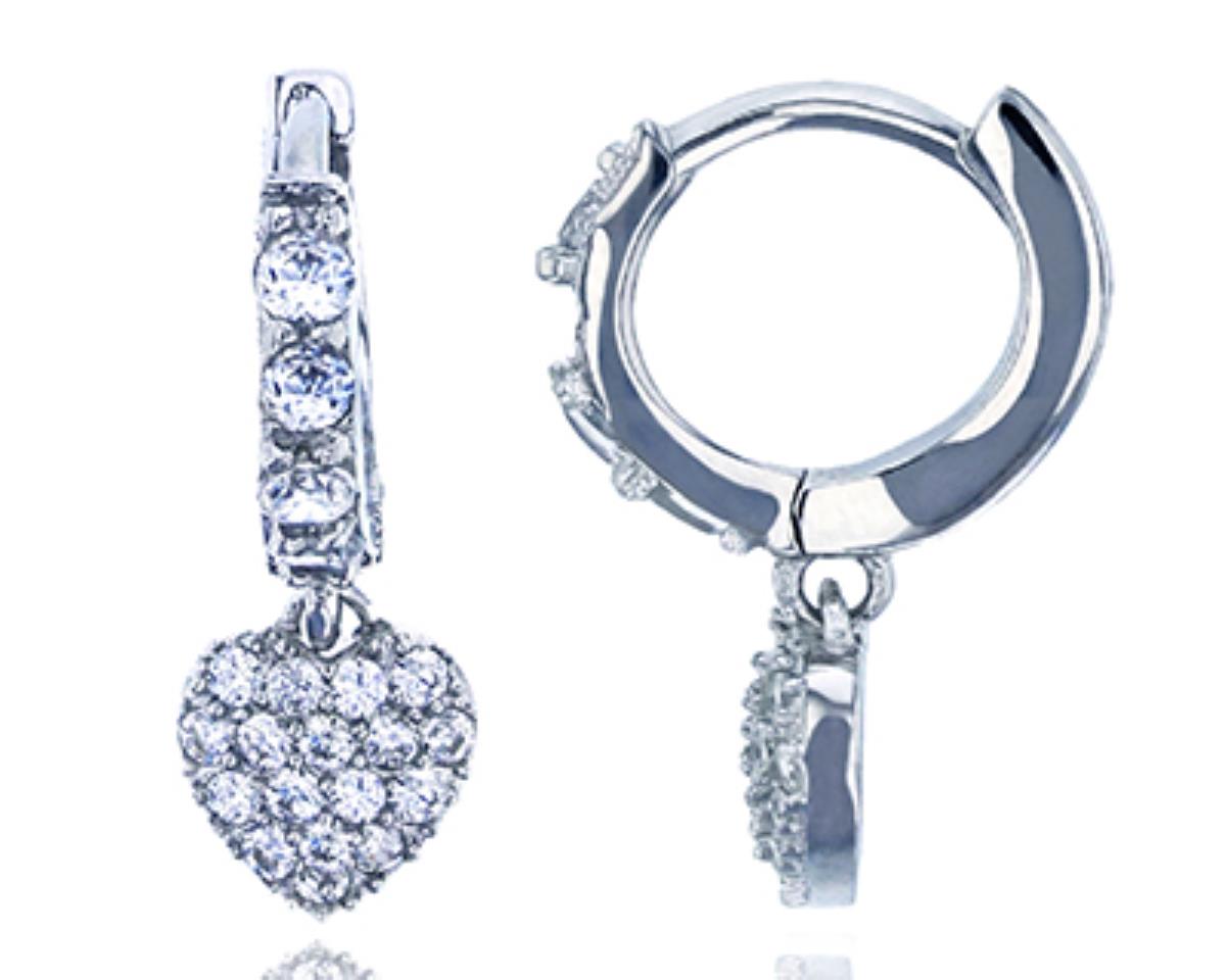 Sterling Silver Rhodium 17mm Pave Round CZ Dangling Heart Huggie Earring