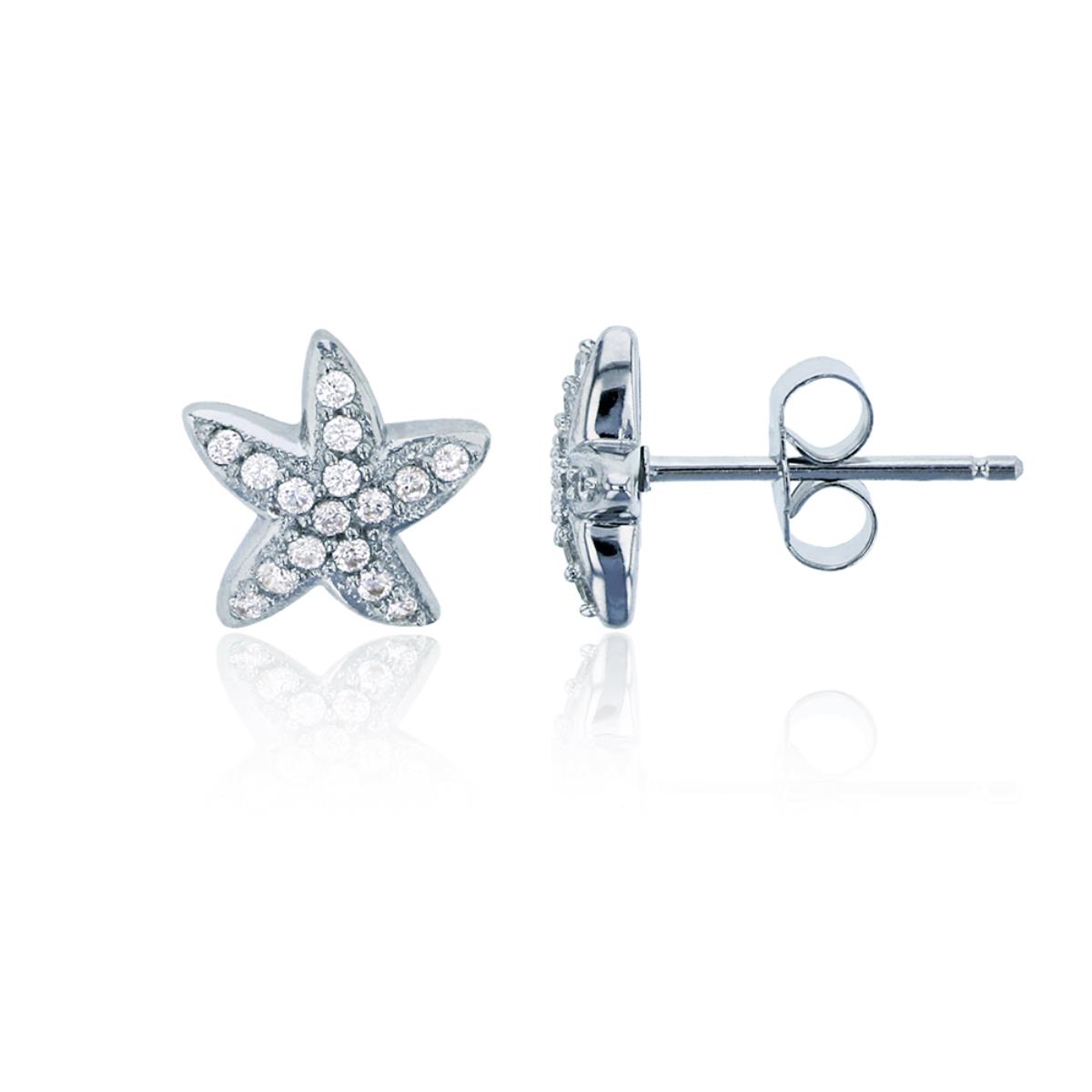 Sterling Silver Rhodium 1.1mm Round CZ Starfish Stud Earring