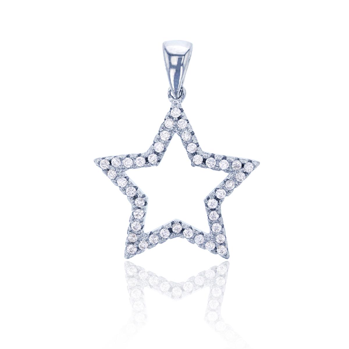 Sterling Silver Rhodium Micropave Round CZ Open Star Pendant