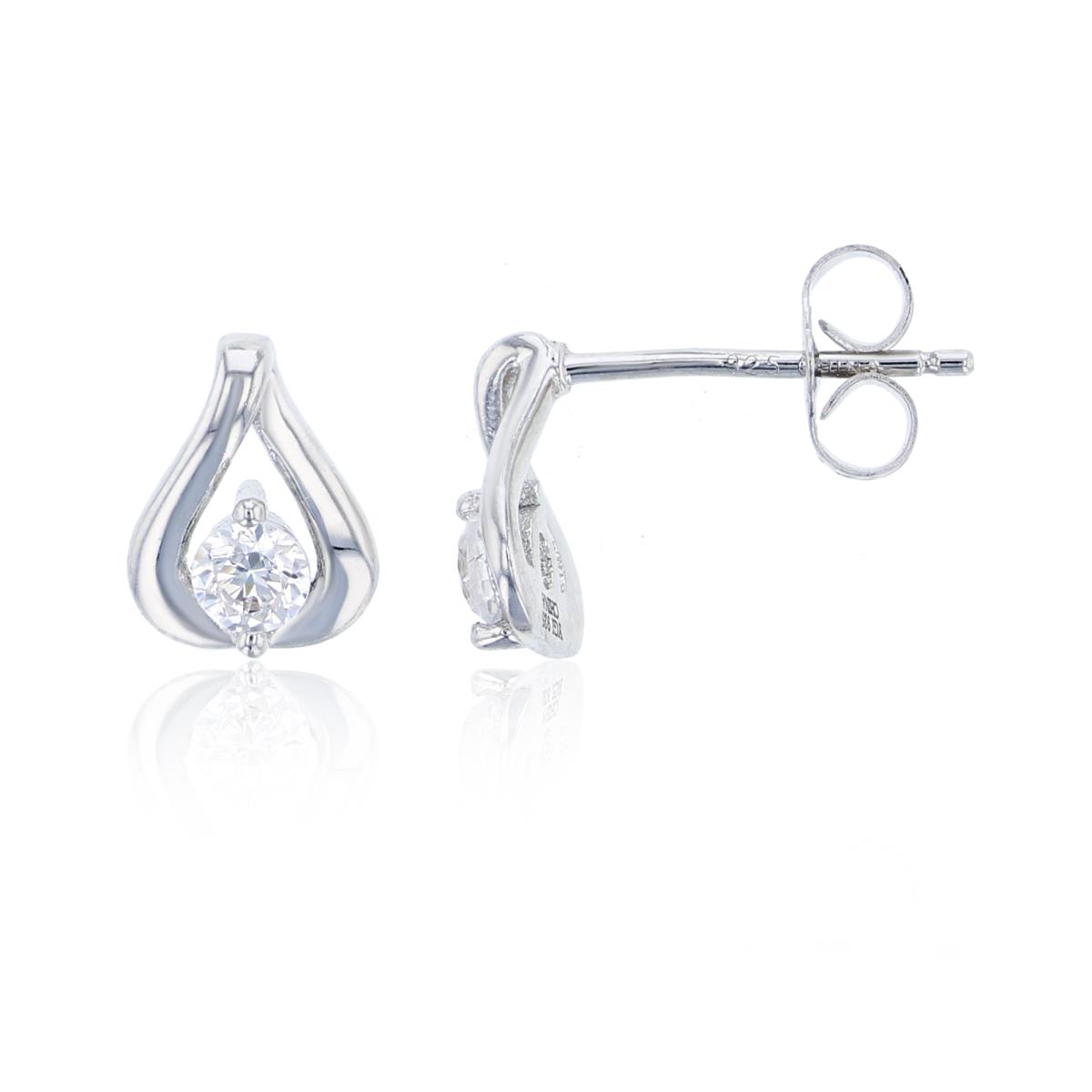 Sterling Silver Rhodium Pave 3.5mm Round CZ Teardrop Stud Earring