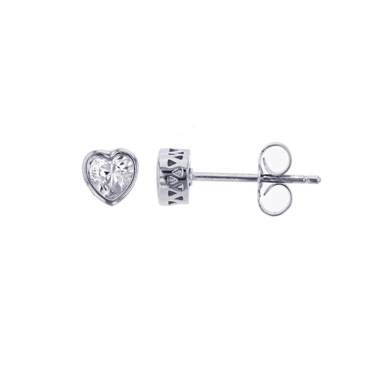 Sterling Silver Rhodium 4mm Heart Cut Bezel Stud Earring