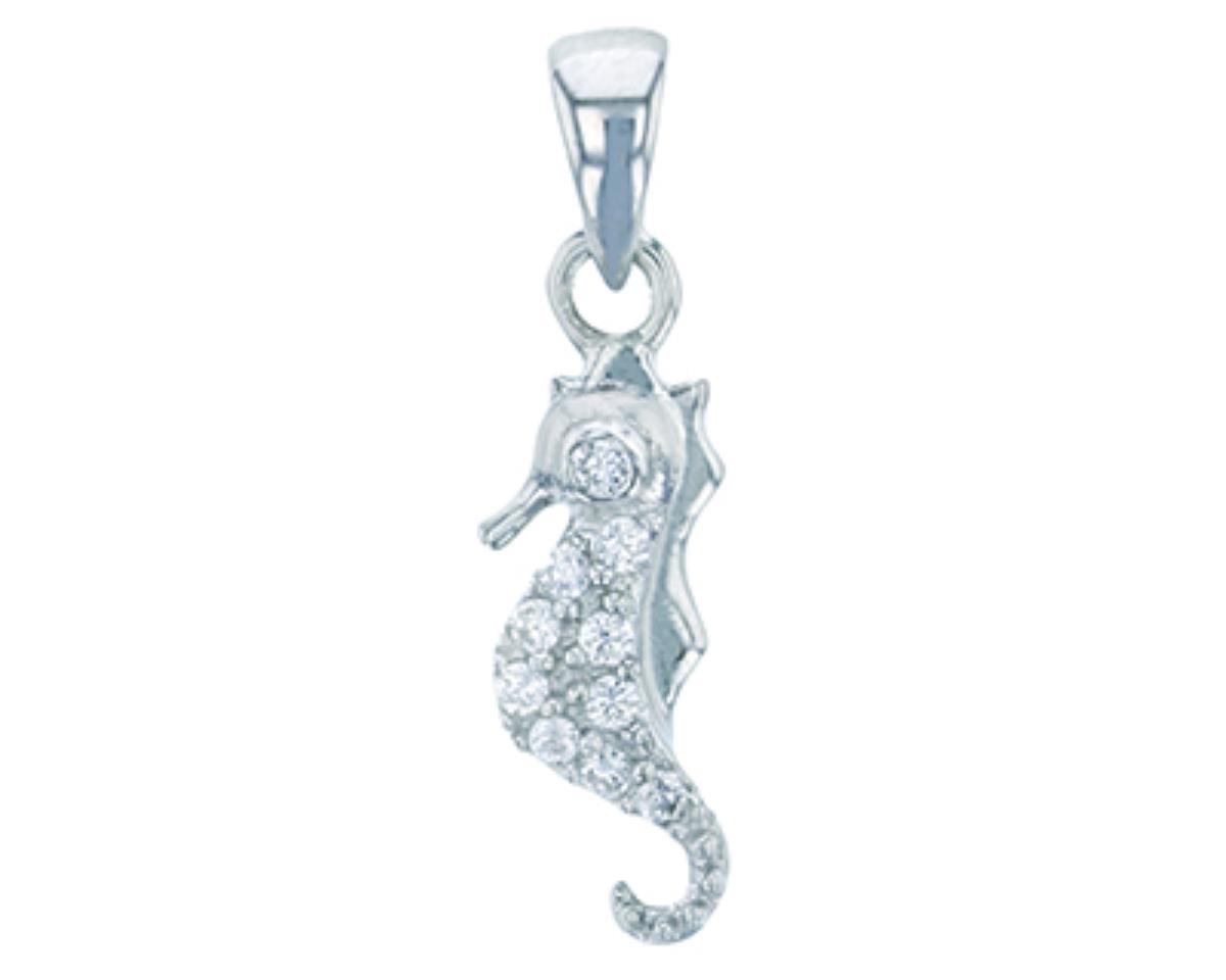 Sterling Silver Rhodium Round CZ Seahorse Dangling Pendant