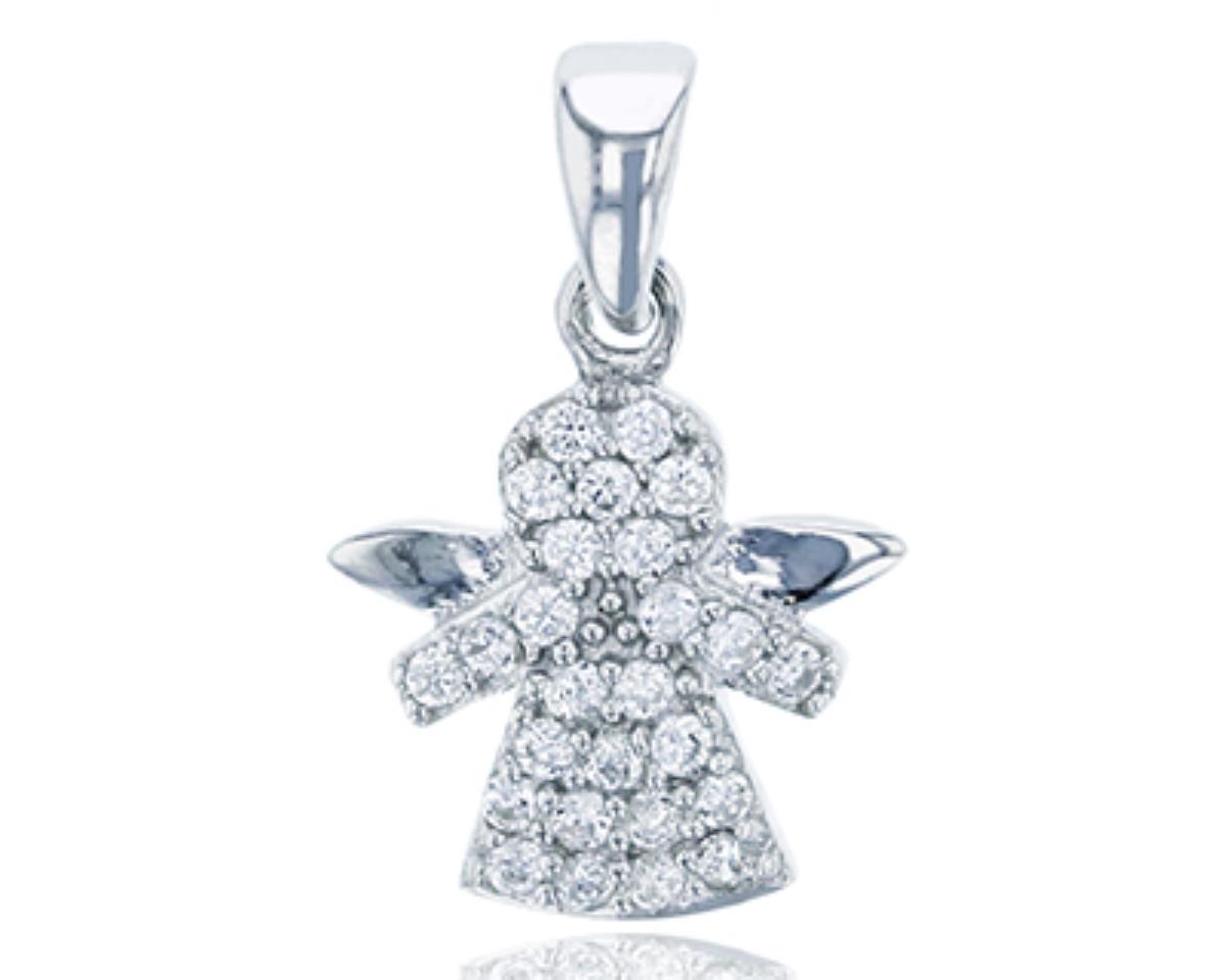 Sterling Silver Rhodium Micropave Round CZ Angel Dangling Pendant