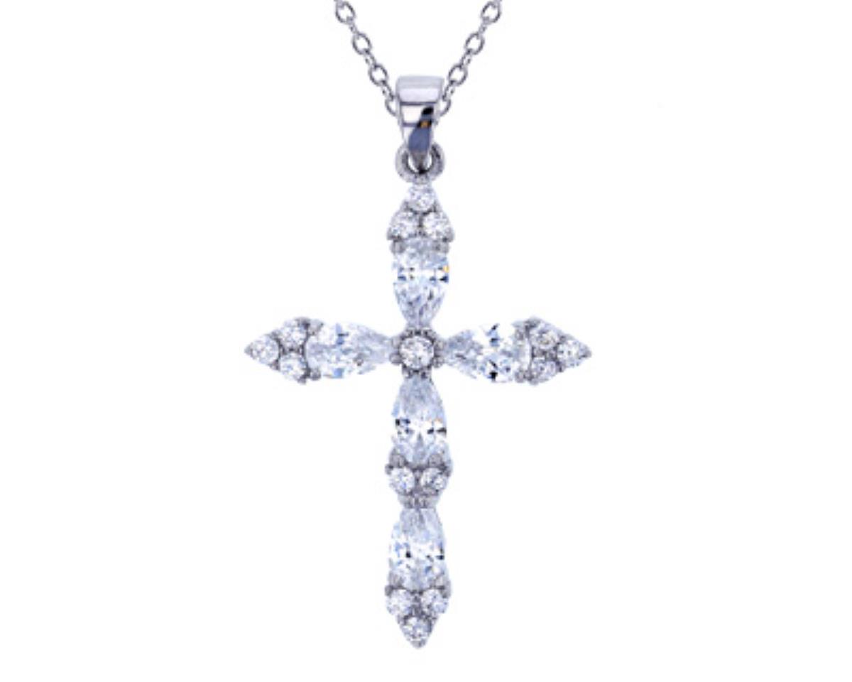 Sterling Silver Rhodium Micropave Marquise Cut Cross 18"Necklace