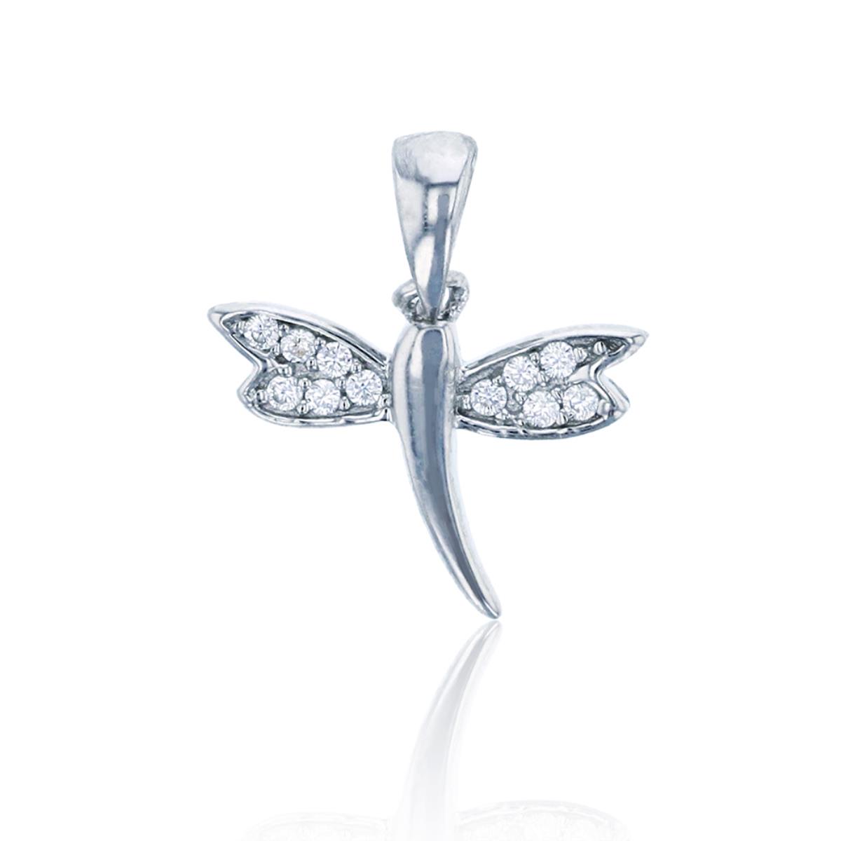 Sterling Silver Rhodium Pave Dragonfly Dangling Pendant