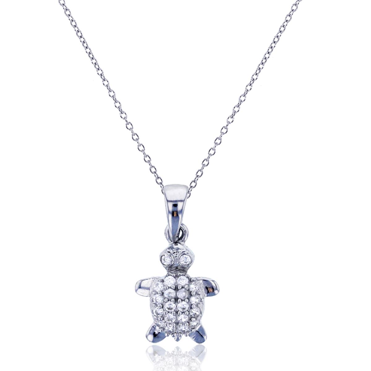 Sterling Silver Rhodium Micropave Turtle Dangling Pendant