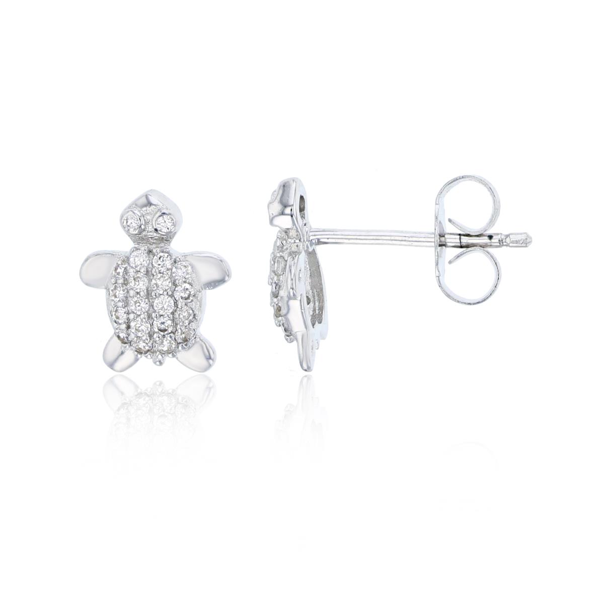 Sterling Silver Rhodium Micropave Turtle Stud Earring
