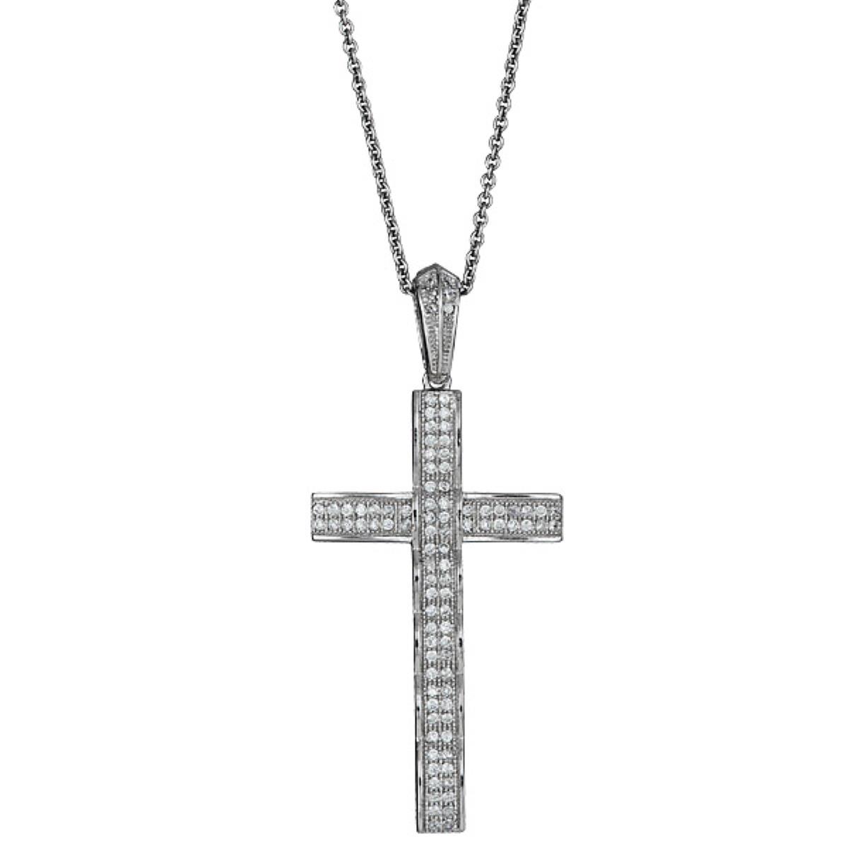 Sterling Silver Rhodium Micropave Cross 18" Necklace