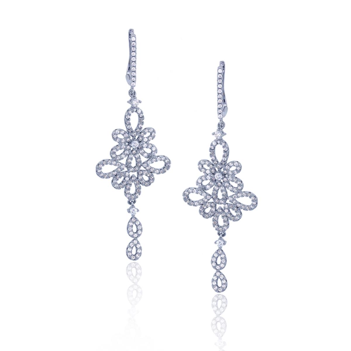 Sterling Silver Rhodium Round CZ Pear Shape Art Deco Latchback Dangling Earring