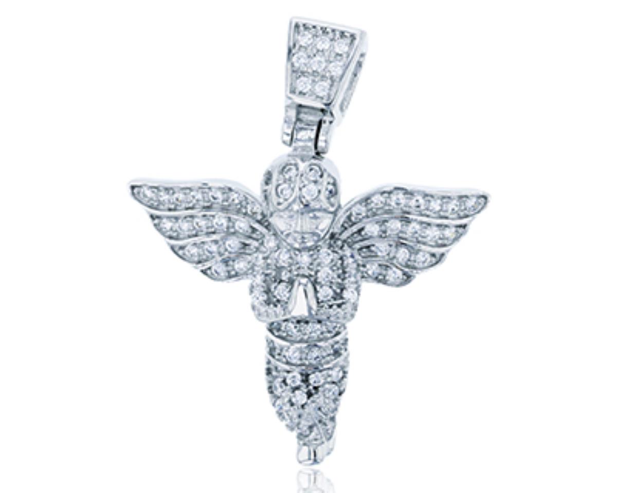 Sterling Silver Rhodium Micropave Round CZ Angel Dangling Pendant