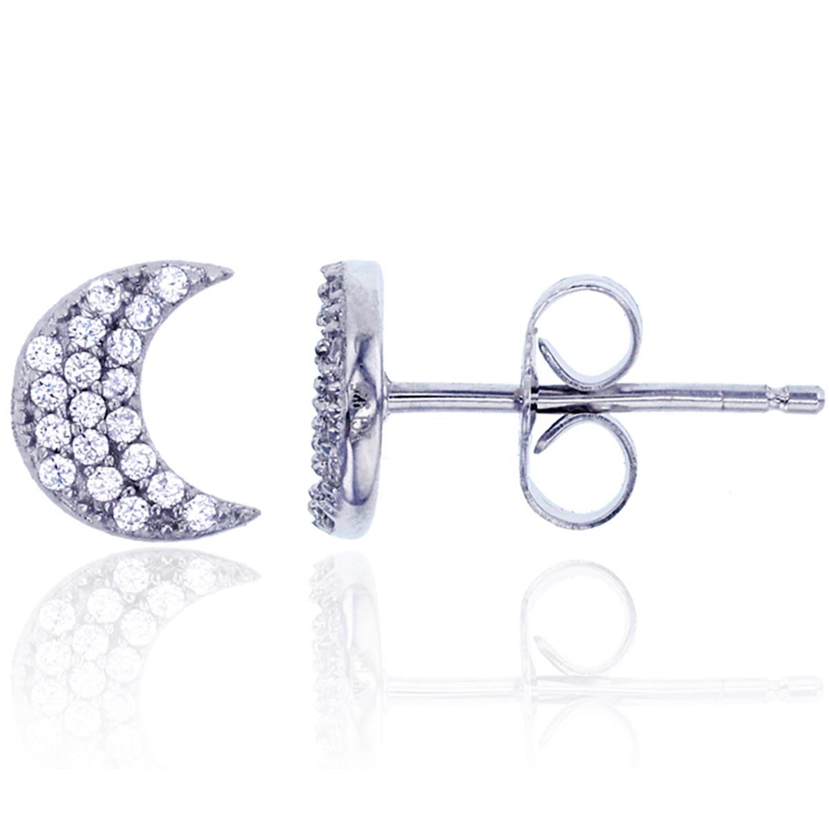 Sterling Silver Rhodium Micropave Crescent Moon Stud Earring