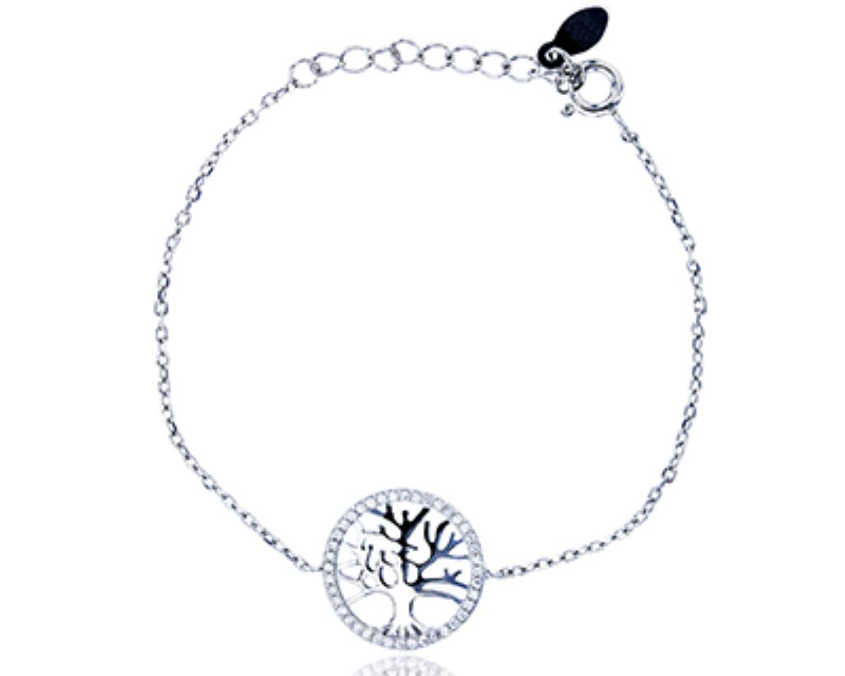 Sterling Silver Rhodium Micropave Tree Of Life 7" Bracelet