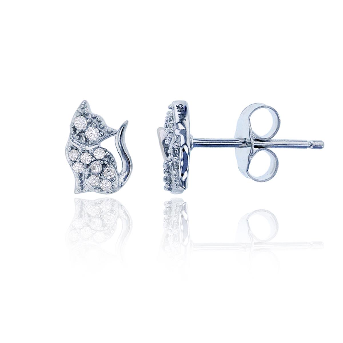 Sterling Silver Rhodium Micropave Cat Stud Earring