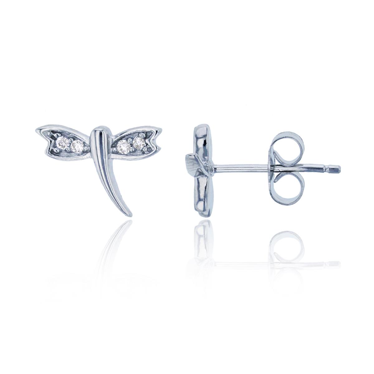Sterling Silver Rhodium Pave Round CZ Dragonfly Stud Earring