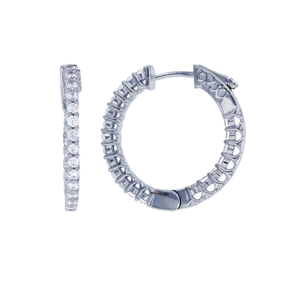 Sterling Silver Rhodium 2x25mm Pave Round CZ Hoop Earring