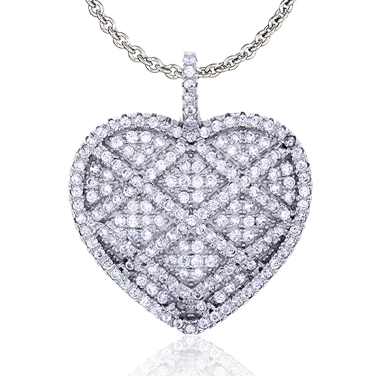 Sterling Silver Rhodium Micropave Heart Dangling Pendant 18+2" Necklace