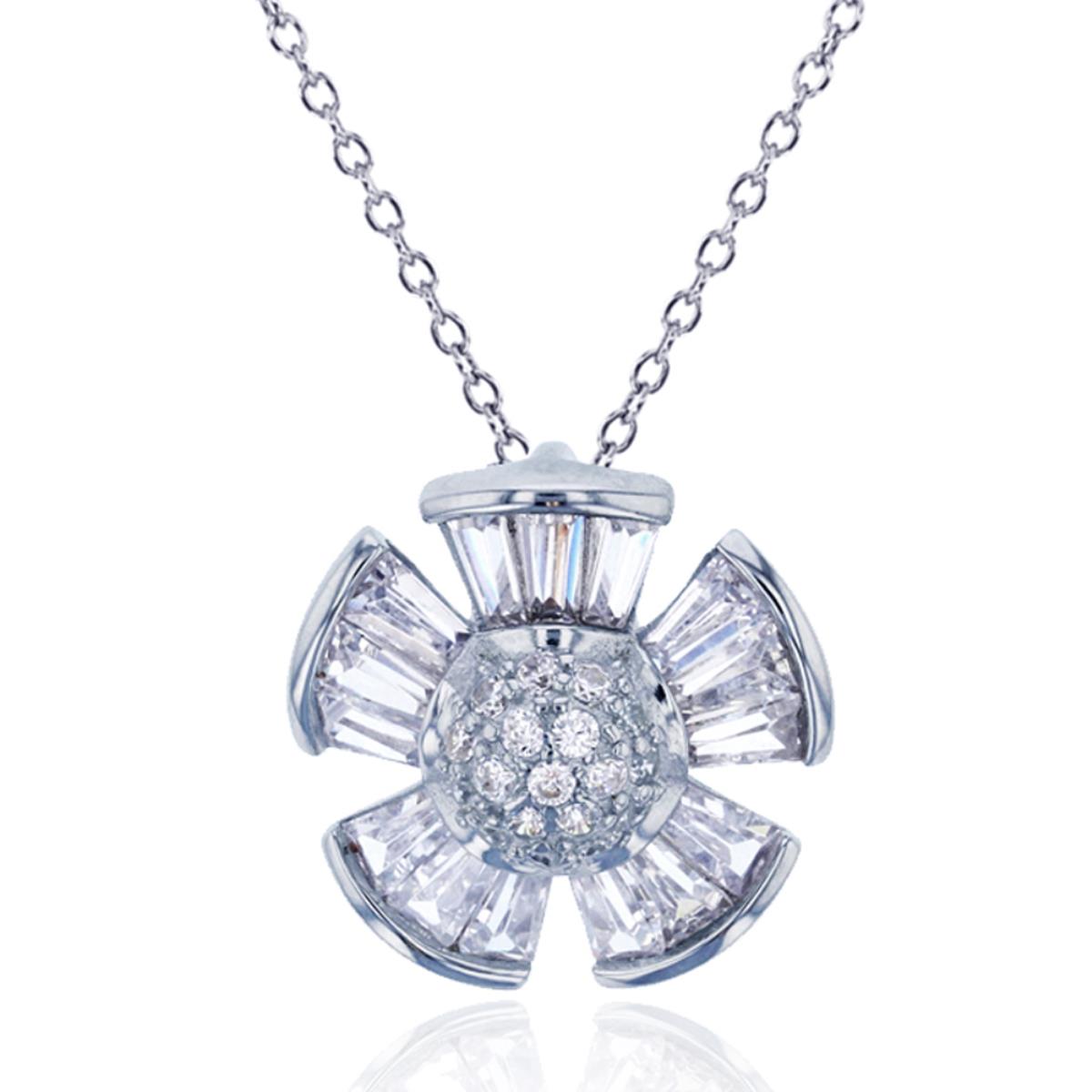 Sterling Silver Rhodium Micropave Baguette & Round CZ Flower 18+2" Necklace