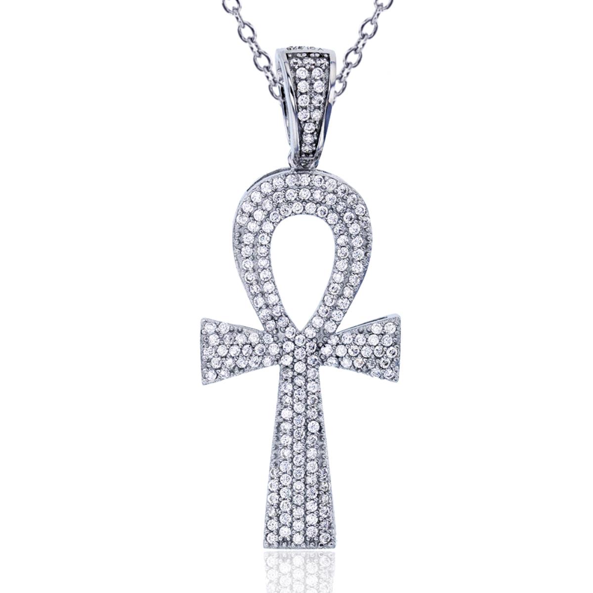 Sterling Silver Rhodium Micropave Ankh Cross Pendant 18+2" Necklace