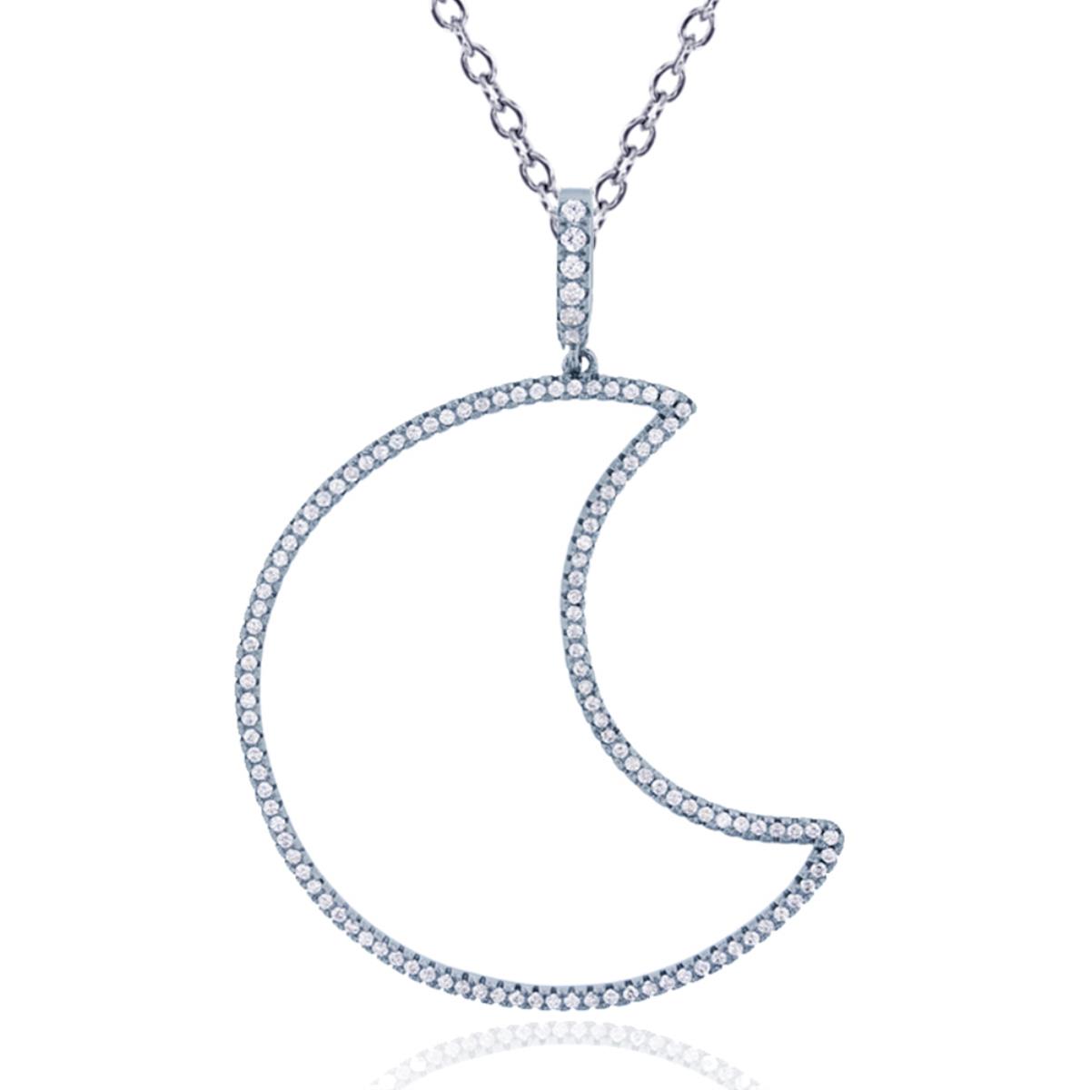 Sterling Silver Rhodium Micropave Open Crescent Moon Pendant 18+2" Necklace