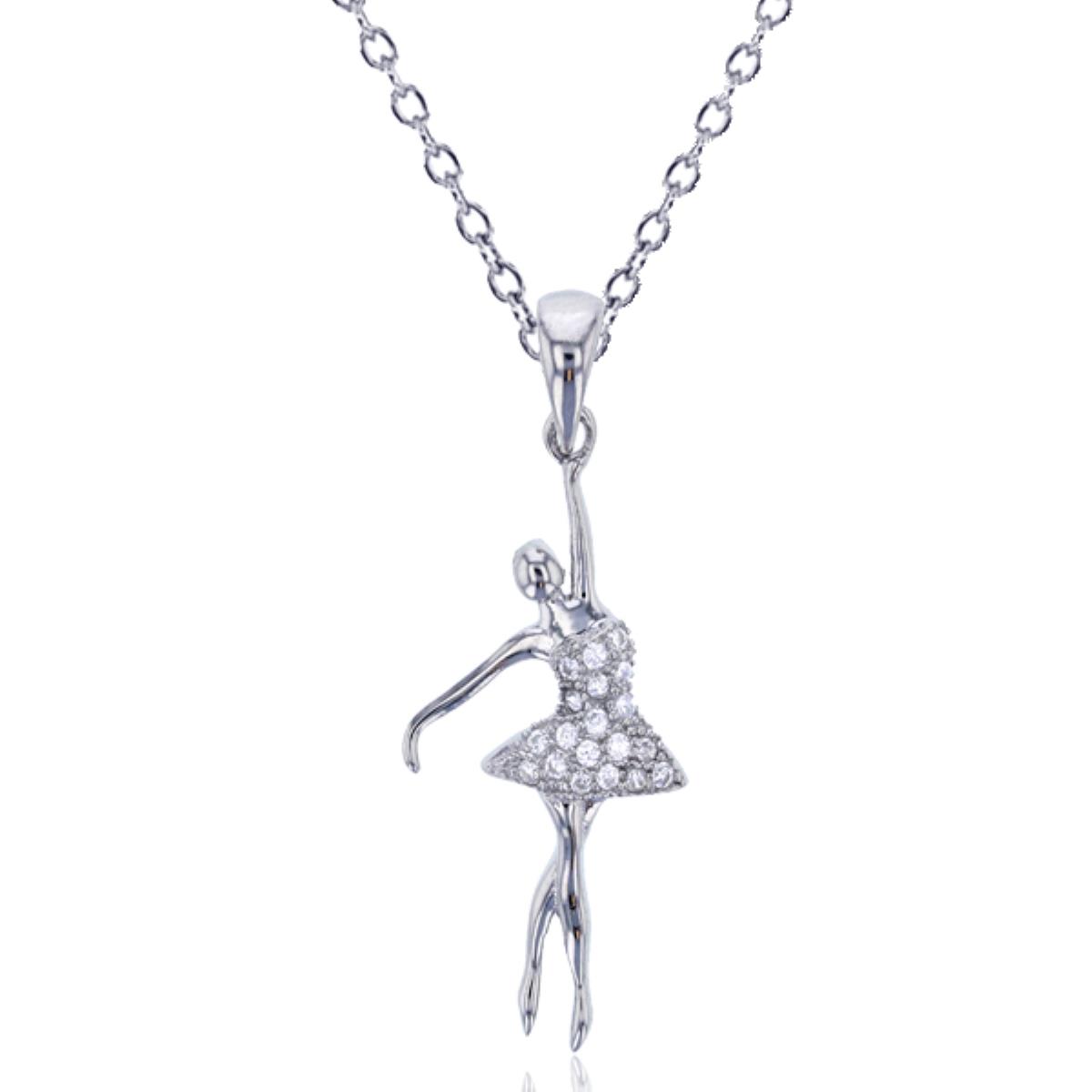 Sterling Silver Rhodium Micropave Ballerina Pendant 18+2" Necklace