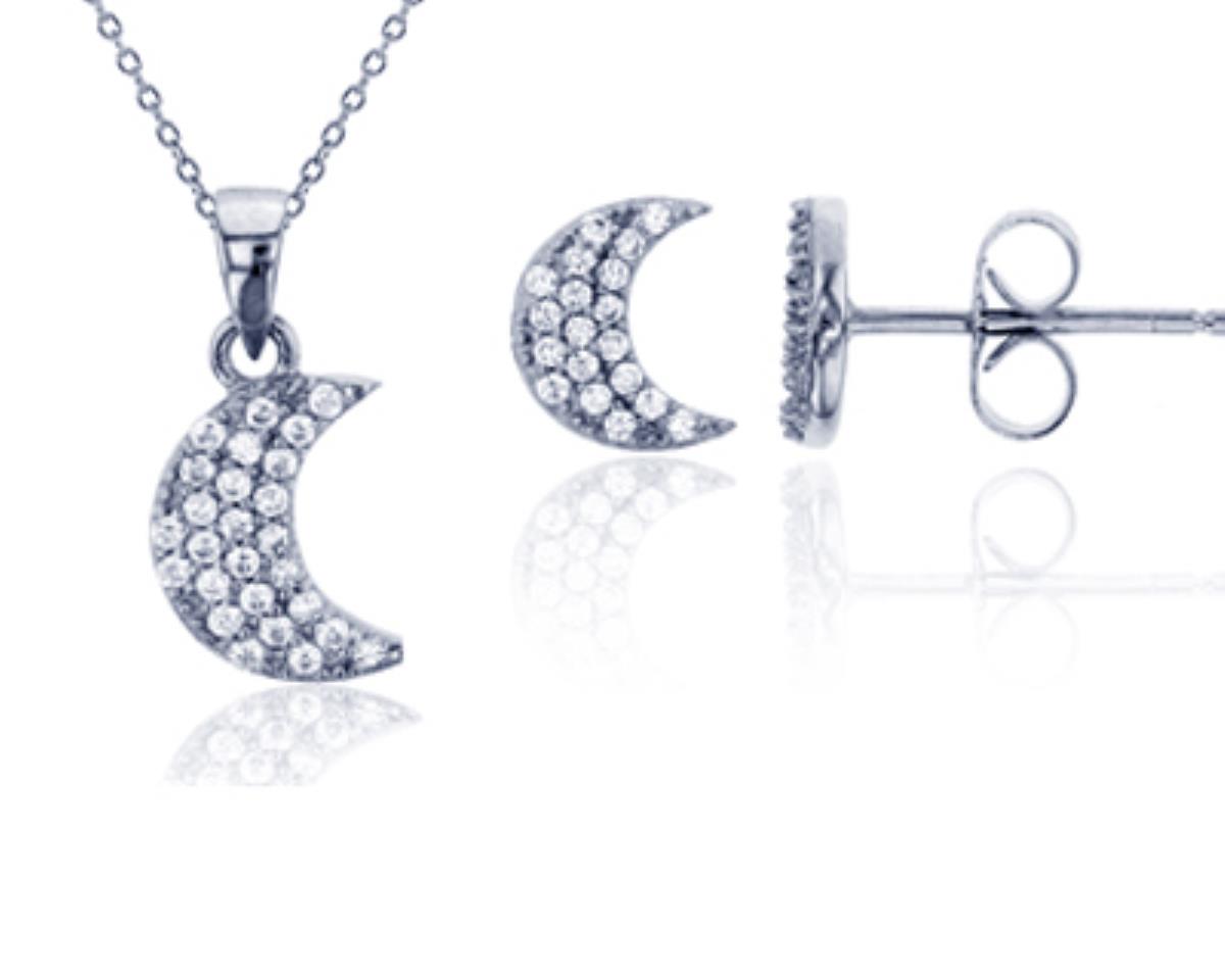 Sterling Silver Rhodium Micropave Crescent Moon Earring and 13+2" Necklace Set