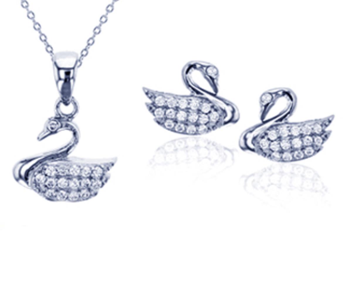 Sterling Silver Rhodium Micropave Swan Earring and 13+2" Necklace Set