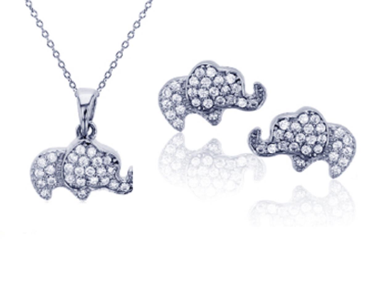 Sterling Silver Rhodium Micropave Baby Elephant Earring and 13+2" Necklace Set