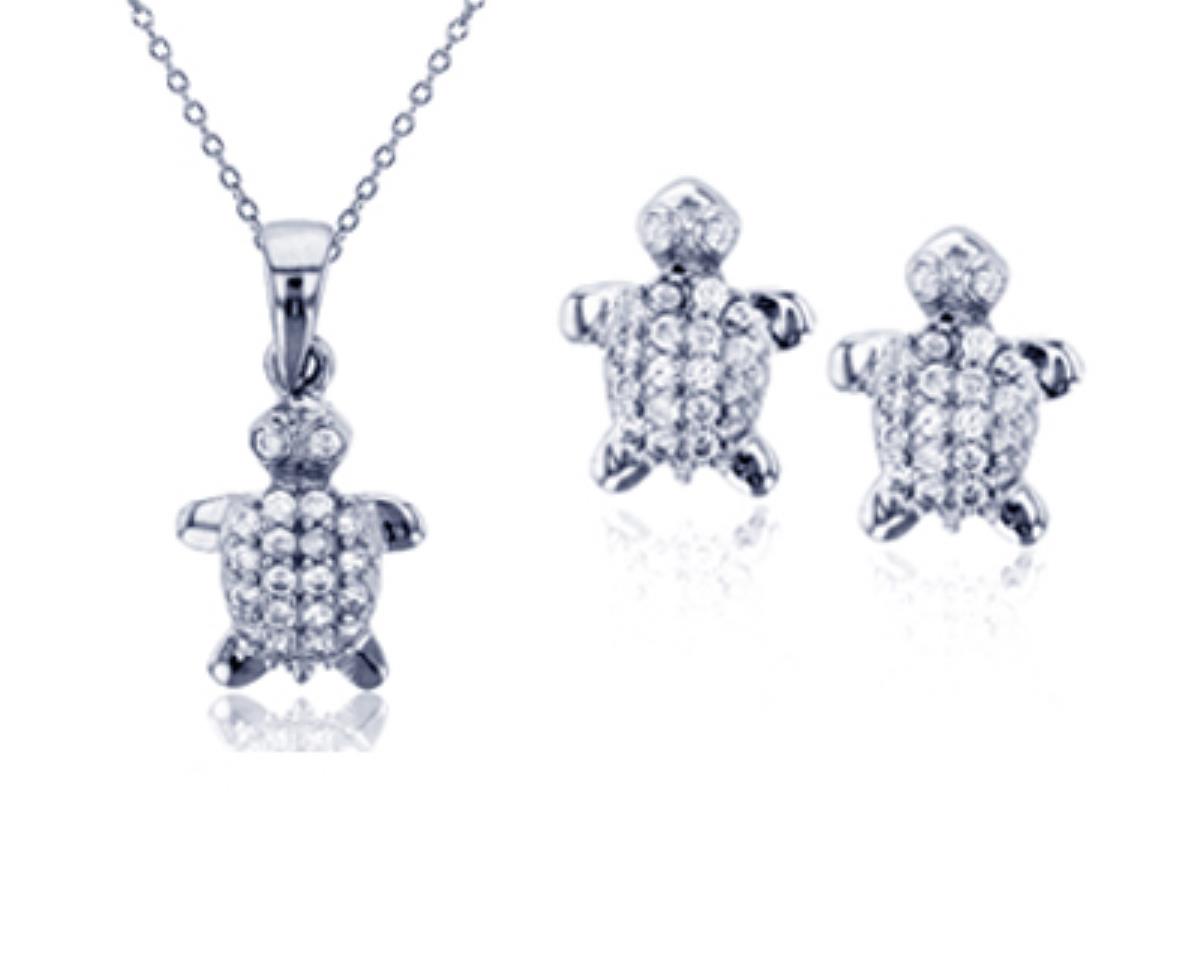 Sterling Silver Rhodium Micropave Turtle Earring and 13+2" Necklace Set