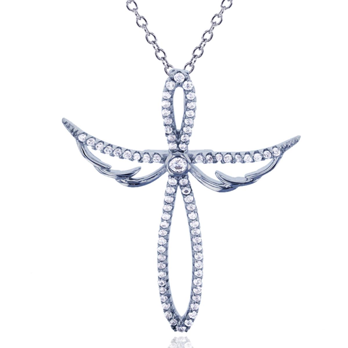 Sterling Silver Rhodium Micropave Open Wing Cross Pendant 18+2" Necklace