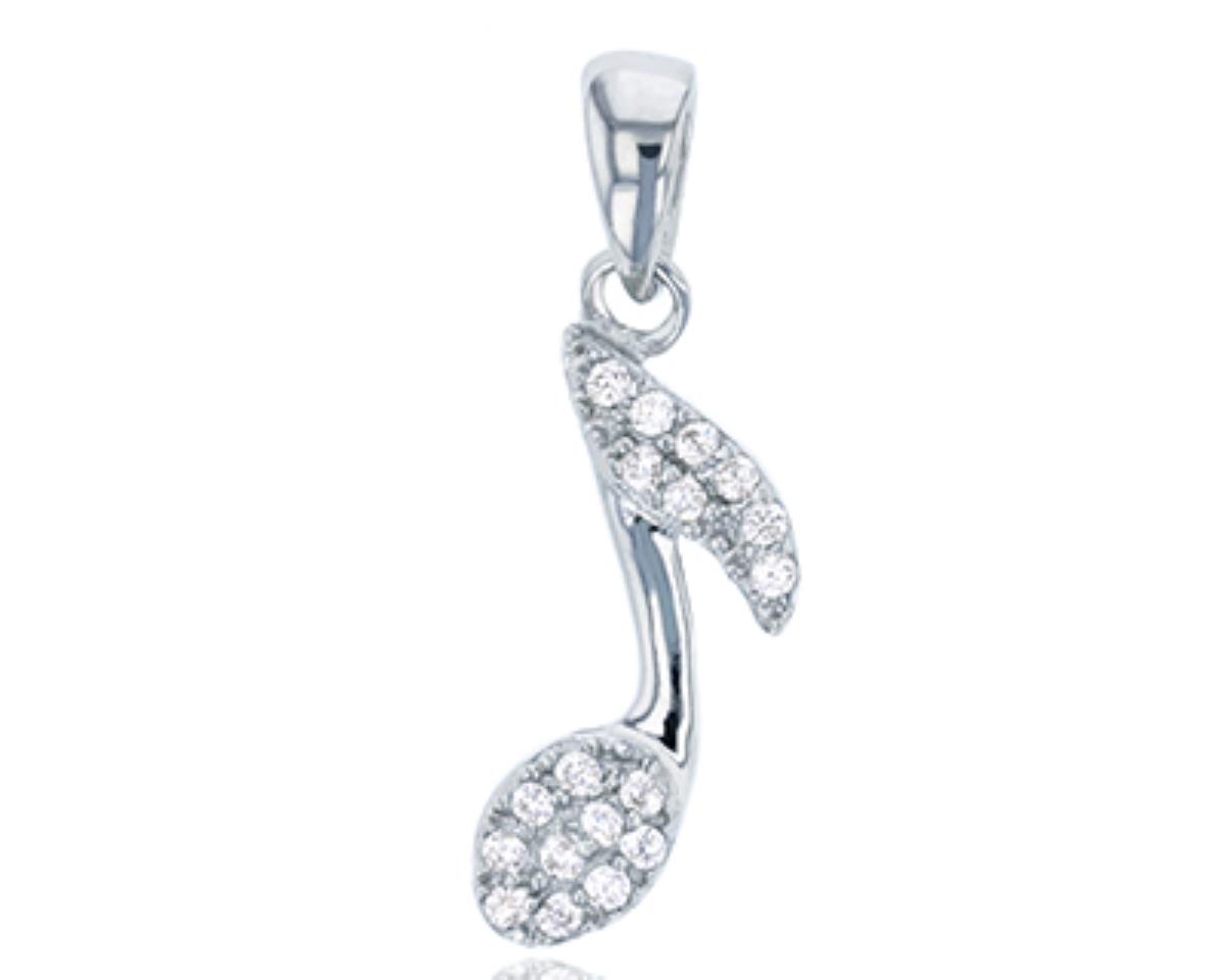 Sterling Silver Rhodium Pave Musical Note Dangling Pendant