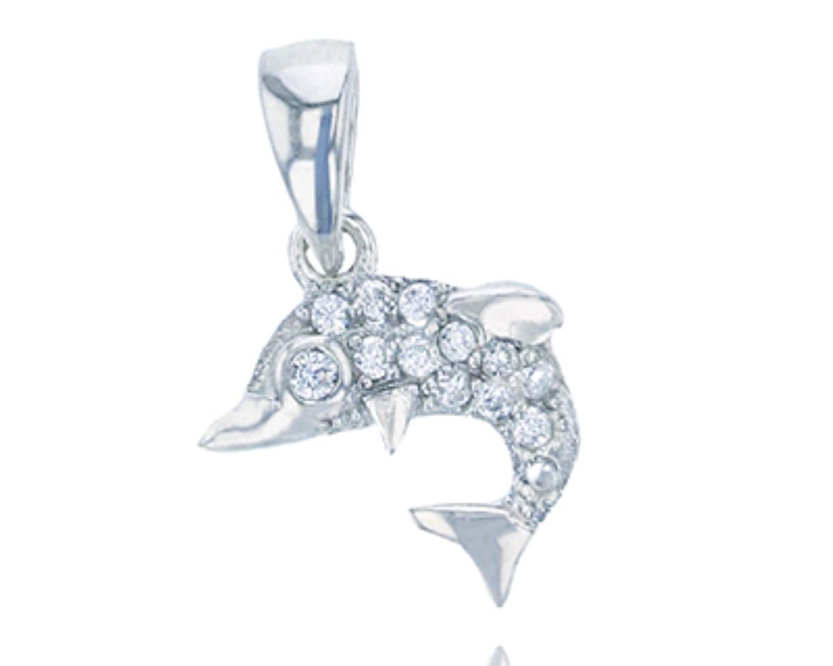 Sterling Silver Rhodium Micropave Dolphin Dangling Pendant