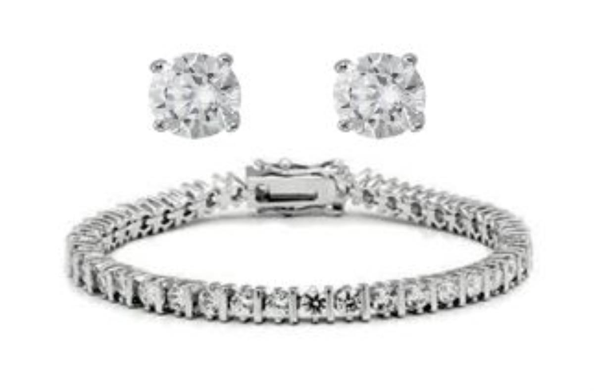Sterling Silver Rhodium 6mm Rd Solitaire Stud and 7" 3mm Rd Tennis Bracelet Set