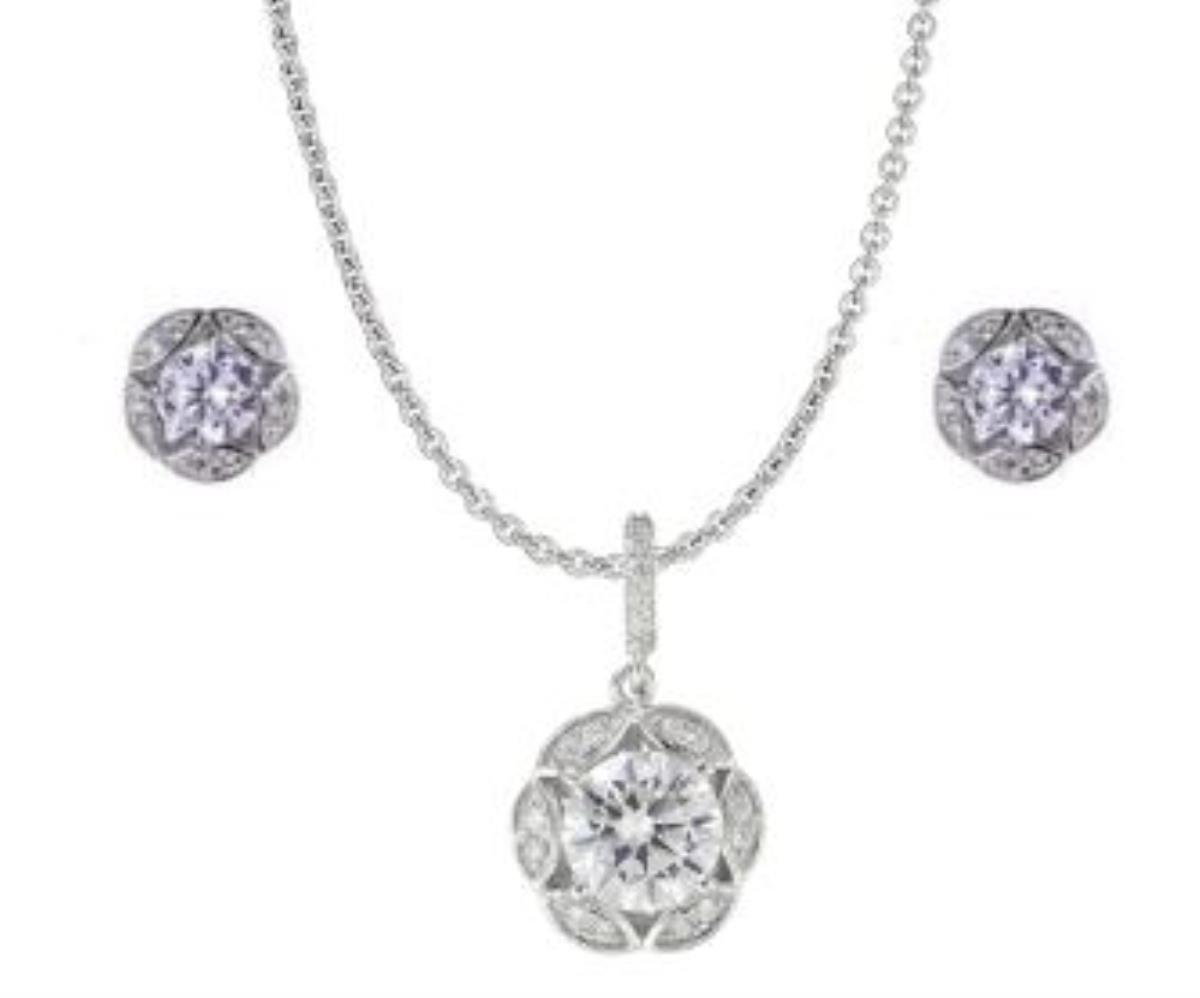Sterling Silver Rhodium Pave Floral Stud and 18" Necklace Set