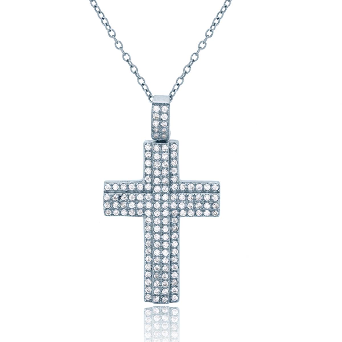 Sterling Silver Rhodium Round CZ Micropave Cross Dangling Pendant