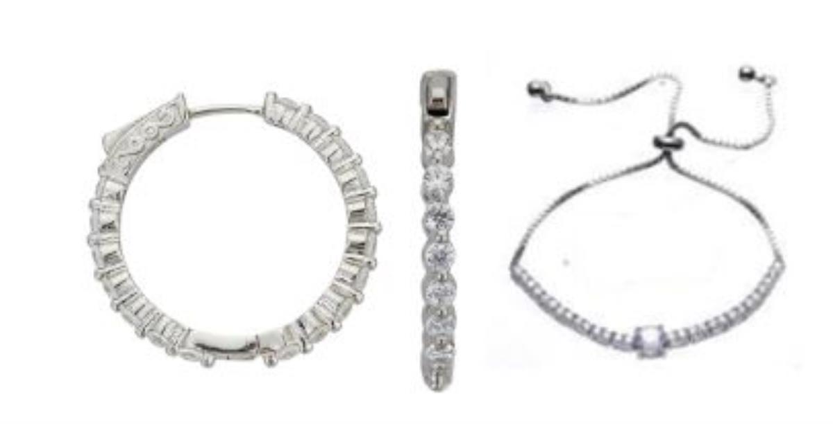 Sterling Silver Rhodium Pave 2.5x25mm Hoop and 6mm Rd Adjustable Bracelet Set
